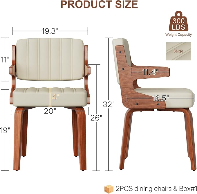 Dining Chairs Set of 2 with Hanging Armrest Beige | Set of 2 with hanging armrests for table-edge storage. Walnut frame and warm beige faux leather seating