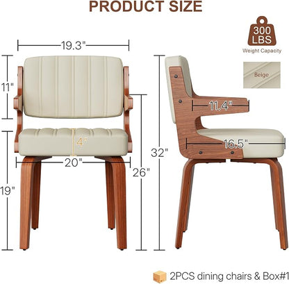 Dining Chairs Set of 2 with Hanging Armrest Beige | Set of 2 with hanging armrests for table-edge storage. Walnut frame and warm beige faux leather seating