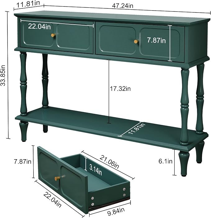 ARTPOWER Mid-Century Console Table for Entryway with 2 Drawers, Green Entryway Table with Storage Cabinets and Open Shelf, Narrow Long Couch Table Behind Sofa for Living Room, Foyer, Hallway
