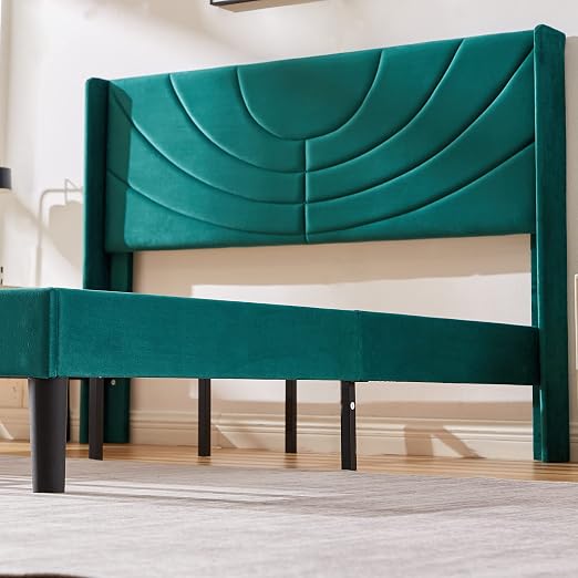 VECELO Full Bed Frame Upholstered Platform with Fabric Headboard,Wooden Slats Support/No Box Spring Needed/Mattress Foundation,Dark Green