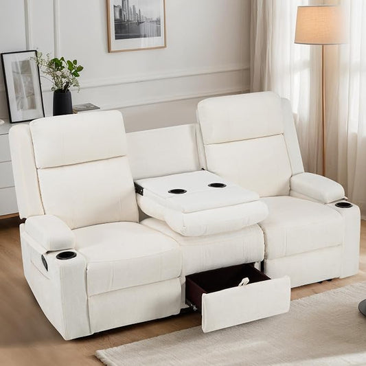 75'' Manual Reclining Sofa with Storage Drawer, 3 Seat Wall Hugger Recliner Couch with Cup Holders, Side Pockets, Chenille Fabric, Compact 3-Person Recliner for RV, Living Room, Apartment (Beige)