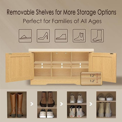 DINZI LVJ Shoe Bench, Entryway Storage Bench with Doors, Cushion, 2-Tier Shoe Rack with 6-Cubby, 31.5”L x 13.8”W Shoe Organizer Cabinet, Adjustable Shelf, Living Room, Bedroom, Natural