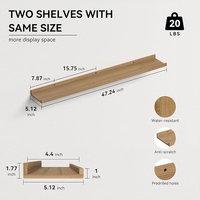 Boswillon 47.2 Inches Long Floating Shelves Wall Mounted, 2 Set Rustic Wall Shelf for Bedroom, Nursery Book Shelf with Lip, Picture Ledge Shelf for Wall Decor Living Room Bathroom Kitchen - Oak