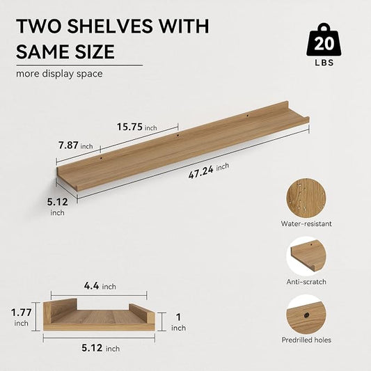 Boswillon 47.2 Inches Long Floating Shelves Wall Mounted, 2 Set Rustic Wall Shelf for Bedroom, Nursery Book Shelf with Lip, Picture Ledge Shelf for Wall Decor Living Room Bathroom Kitchen - Oak