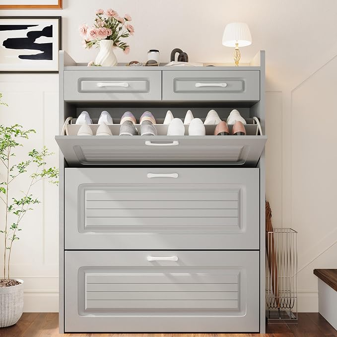 Shoe Cabinet with 3 Large Flip Drawers and 2 Storage Drawers, Narrow Shoe Organizer Cabinet Fits for Kinds of Shoes, Slim Shoe Storage Cabinet for Entryway, Hallway, Light Grey
