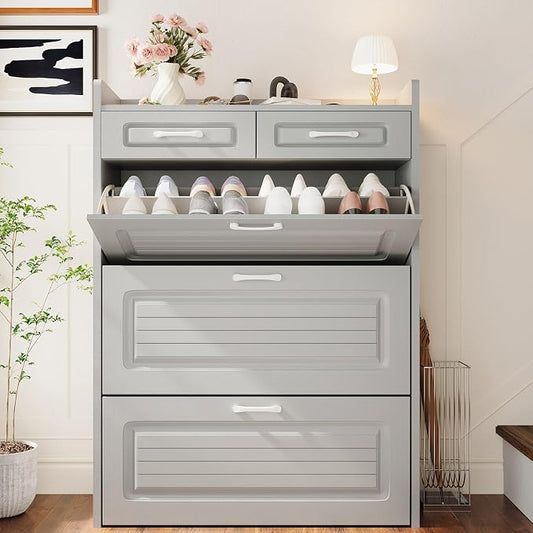 Shoe Cabinet with 3 Large Flip Drawers and 2 Storage Drawers, Narrow Shoe Organizer Cabinet Fits for Kinds of Shoes, Slim Shoe Storage Cabinet for Entryway, Hallway, Light Grey