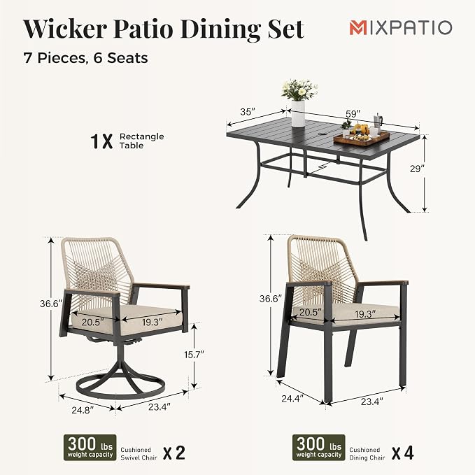 MIXPATIO 7 Pieces Outdoor Patio Dining Set, Rectangular Metal Patio Table with Umbrella Hole, 2 Swivel and 4 Fixed Chairs with 3.2" Cushion for Yard, Porch, Beige