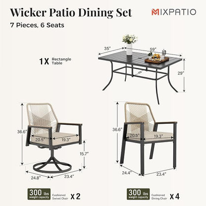MIXPATIO 7 Pieces Outdoor Patio Dining Set, Rectangular Metal Patio Table with Umbrella Hole, 2 Swivel and 4 Fixed Chairs with 3.2" Cushion for Yard, Porch, Beige