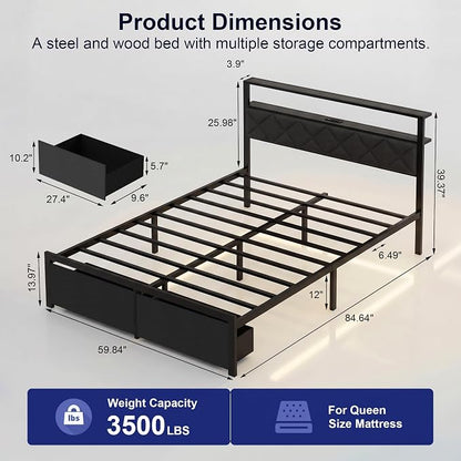 Queen Bed Frame with LED Lights, Charging Station & 2 Storage Drawers, Metal Platform with Upholstered Headboard, No Box Spring Needed, Easy Assembly