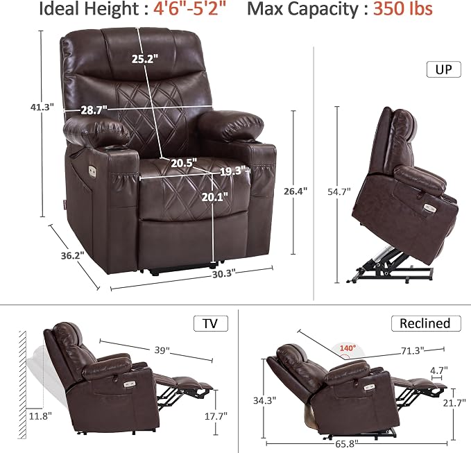 MCombo Small Power Lift Recliner Chair Sofa with Massage and Dual Heating, Adjustable Headrest for Elderly People Petite, USB Ports, Faux Leather 7111 (Dark Brown)