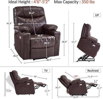 MCombo Small Power Lift Recliner Chair Sofa with Massage and Dual Heating, Adjustable Headrest for Elderly People Petite, USB Ports, Faux Leather 7111 (Dark Brown)