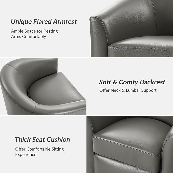 HULALA HOME Genuine Leather Swivel Barrel Chair, Round Swivel Accent Chair with Solid Wood Base, No Assembly Required, Grey
