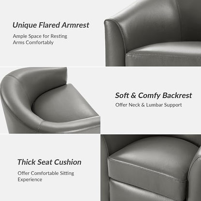 HULALA HOME Genuine Leather Swivel Barrel Chair, Round Swivel Accent Chair with Solid Wood Base, No Assembly Required, Grey