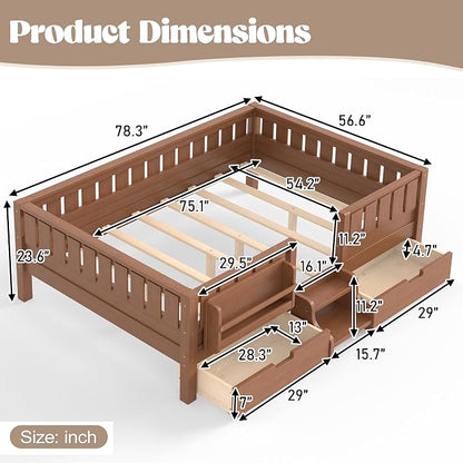 Bellemave Full Floor Bed with Stairs, Rails and Slats, Full Size Montessori Floor Bed with Bookshelf and 2 Storage Drawers, Easy Assemble Montessori Beds Frame for Girls, Boys, Natural