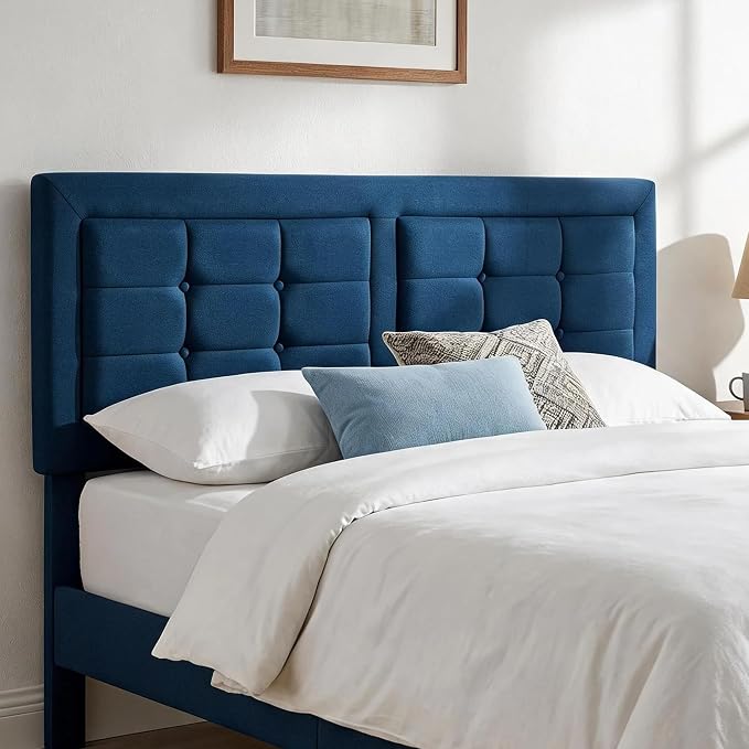 VECELO Full Size Bed Frame, Adjustable Upholstered Button Tufted Headboard, Heavy-Duty Bedframe with Wood Slats Support, No Box Spring Needed, Aegean Blue