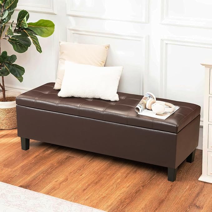 Asense 45" Storage Ottoman Bench,Faux Leather Upholstered Ottoman with Legs,Tufted Ottoman with Safety Hinge,Storage Bench for Bedroom,Living Room,Entryway,Chocolate Brown
