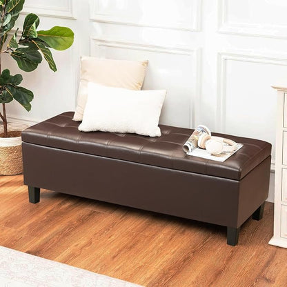 Asense 45" Storage Ottoman Bench,Faux Leather Upholstered Ottoman with Legs,Tufted Ottoman with Safety Hinge,Storage Bench for Bedroom,Living Room,Entryway,Chocolate Brown