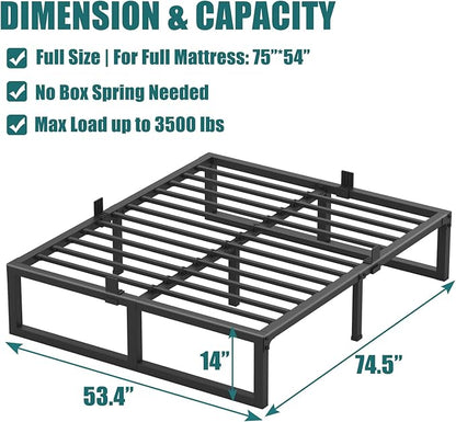 Yitong Angel Full Size Bed Frame, 14 Inch Heavy Duty Support 3500 lbs Metal Platform, No Box Spring Needed/Noise Free/Non-Slip/Steel Slat Support/Easy Assembly