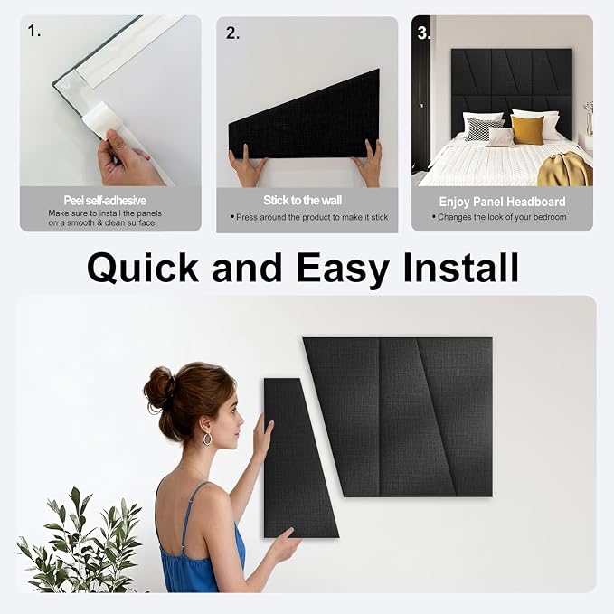 Fabric Upholstered Wall Mounted Headboard for King Bed Panels: Stick-On Headboard in Matte Black - Soundproof Padding for Bedroom & Living Room (8 Panels)