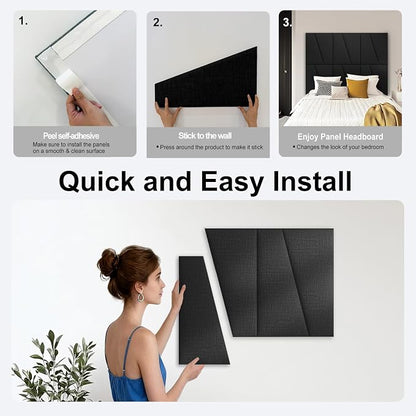 Fabric Upholstered Wall Mounted Headboard for King Bed Panels: Stick-On Headboard in Matte Black - Soundproof Padding for Bedroom & Living Room (8 Panels)
