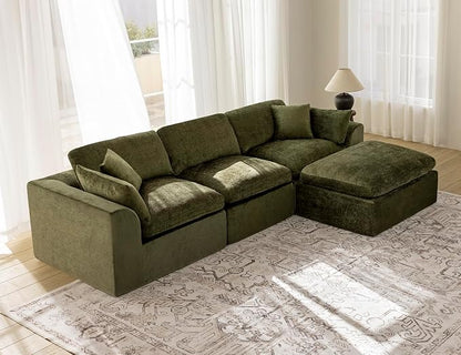 115" Modular Sectional Sofa – Modern Cloud Couch with Deep Chenille Seats,L-Shape Boneless Couch for Living Room, No Assembly, Olive Green (3 Seater + 1 Ottoman)