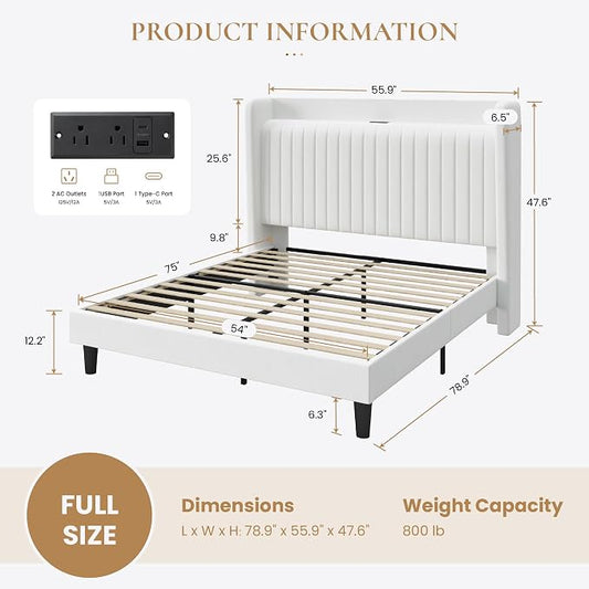 SHA CERLIN Full Size Velvet Bed Frame with USB Charging Station, Wingback Storage Headboard, Upholstered Platform Bed with Wooden Slats Support, No Box Spring Needed, Easy Assembly, White