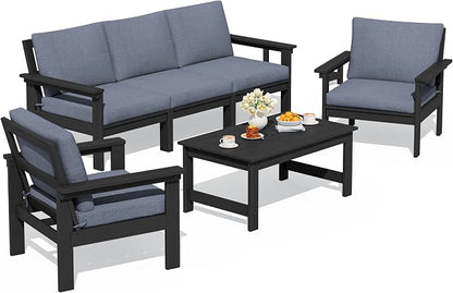 SERWALL HDPE Patio Conversation Set, 6-piece Sectional Outdoor Furniture Set, All Weather Outdoor Couch Set Patio Furniture Set for Deck, Lawn, Black Frame with Grey Cushion