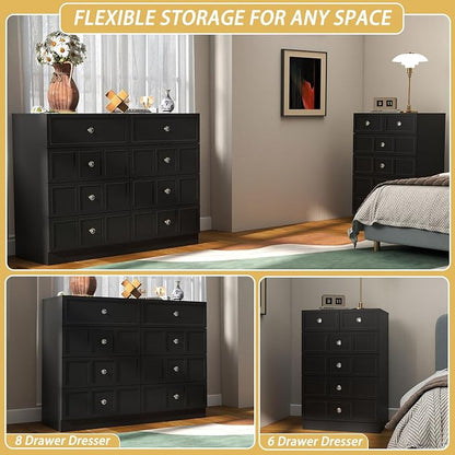 8 Drawer Dresser for Bedroom: 47" Black Chest of Drawers with Deep Drawers, Tall Modern Dresser with Storage, Fluted Wood Dressers for Bedroom, Living Room