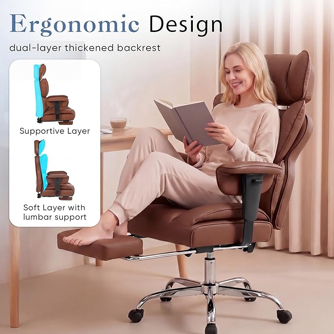 DUMOS Big and Tall Home Office Desk Chair, Ergonomic Executive Chair with Footrest, Computer Gaming Chairs with High Back Reclining, Adjustable Armrests and Comfy Lumbar Support, PU Leather, Brown