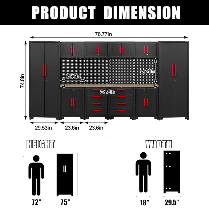 Garage Storage Cabinet System, 12Pcs Garage Cabinets and Storage System Corner Workshop Set with Corner Cabinet, Cabinet Drawers, Workbench, Pegboard for Tool Organization, Black Red