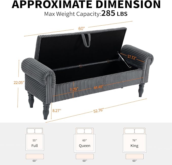 Storage Bench for Bedroom, 60" End of Bed Bench Premium Linen Upholstered Storage Ottoman, Entryway, Closet,Dark Grey
