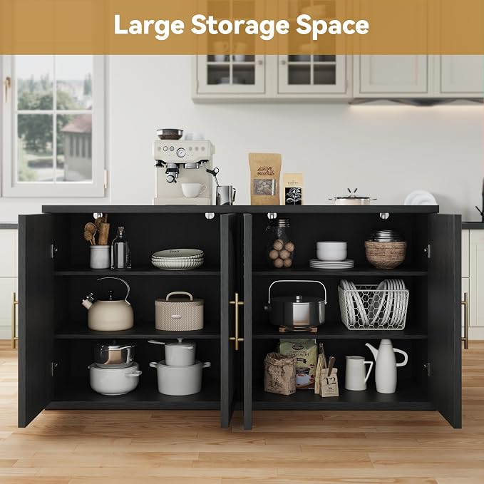 MapleGrace 63" Fluted Buffet Cabinet with Storage, Modern Symmetrical Arched Sideboard Credenza with Adjustable Shelf, Elegant Wood Console Table for Dining Room, Kitchen, Living Room(Black)