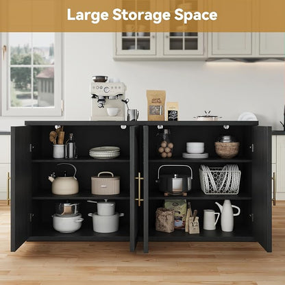 MapleGrace 63" Fluted Buffet Cabinet with Storage, Modern Symmetrical Arched Sideboard Credenza with Adjustable Shelf, Elegant Wood Console Table for Dining Room, Kitchen, Living Room(Black)