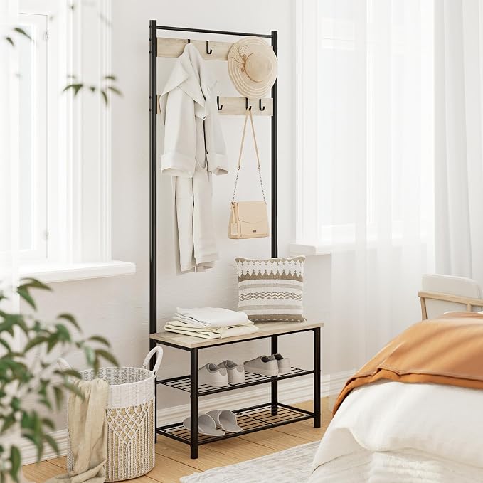 Hall Tree with Bench and Shoe Storage, 3-in-1 Coat Rack, Freestanding Wooden Coat Rack with Shoe Bench with Metal Frame, 3-Tier Storage Shelf and 9 Removable Hooks, Greige