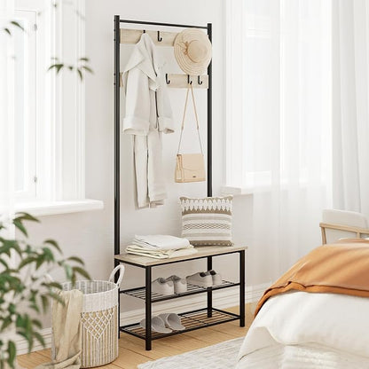 Hall Tree with Bench and Shoe Storage, 3-in-1 Coat Rack, Freestanding Wooden Coat Rack with Shoe Bench with Metal Frame, 3-Tier Storage Shelf and 9 Removable Hooks, Greige