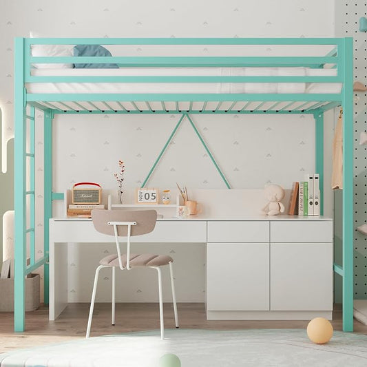 Allewie Metal Loft Bed Twin Size with Guardrail and Ladder,Green | Small Space Saving Design for Bedroom Kid Room and Dorm, No Box Spring Needed