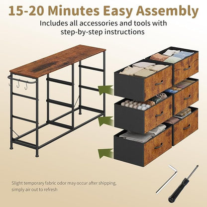 Dresser for Bedroom with 6 Drawers, Small Fabric Dresser for Kids Bedroom, Chest of Drawers, Storage Organizer Dresser for Closet, Nursery, Dorm, Apartment, TV Stand, Wood Top Side Hooks, Rustic Brown