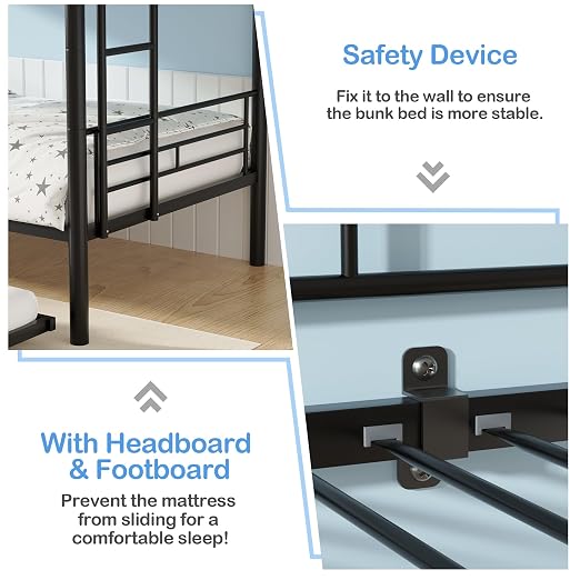 VECELO Twin Over Twin Bunk Bed with Trundle, Black | Metal Bunkbeds, 2 Side Ladders, Full-Length Guardrail, Noise Free, No Box Spring Needed