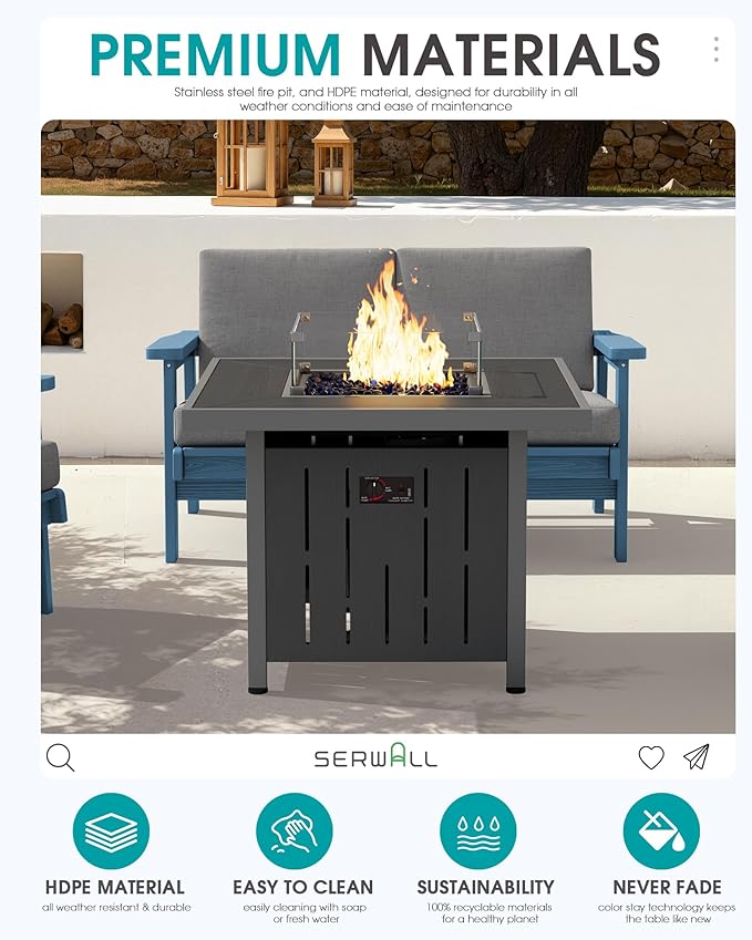 SERWALL Patio Furniture Set with 33” Fire Pit Table, HDPE Outdoor Sectional Sofa Set with Thickened Cushions, Black Frame with Grey Cushions