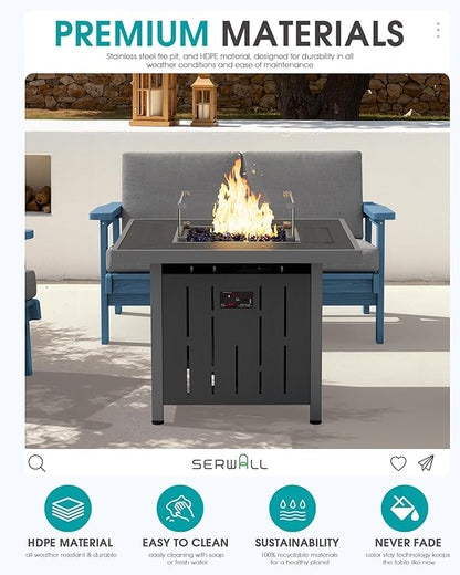SERWALL Patio Furniture Set with 33” Fire Pit Table, HDPE Outdoor Sectional Sofa Set with Thickened Cushions, Blue Frame with Khaki Cushions