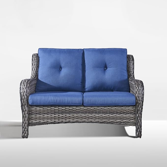 Outdoor Loveseat Sofa-2 Seater Rattan Wicker Patio Couch High Back Patio Sofa for Porch Deck Backyard-Grey/Blue
