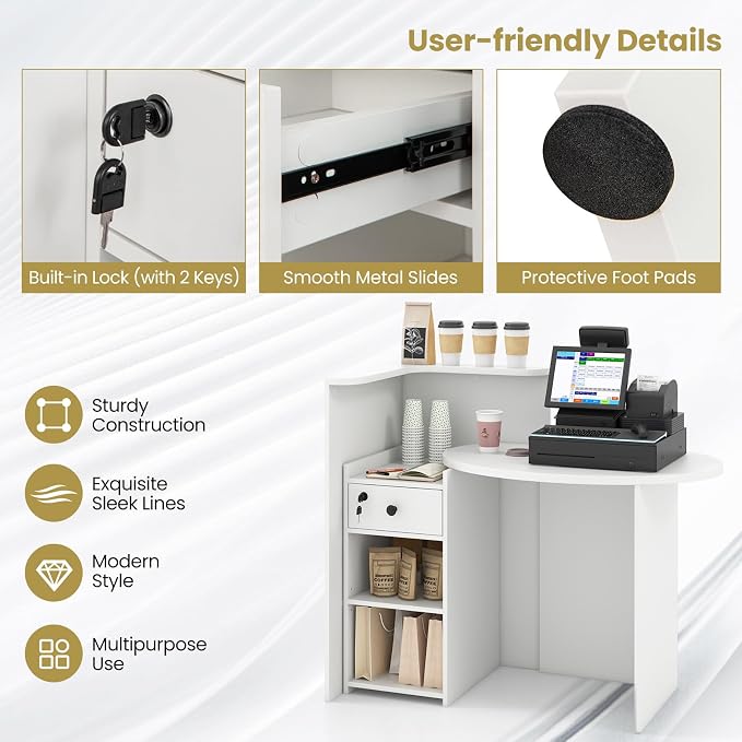 Reception Desk, Retail Checkout Counter w/Lockable Drawer & Open Shelves, Computer Workstation, Small Front Desk Reception Counter for Company Lobby Store Salon Office (White)
