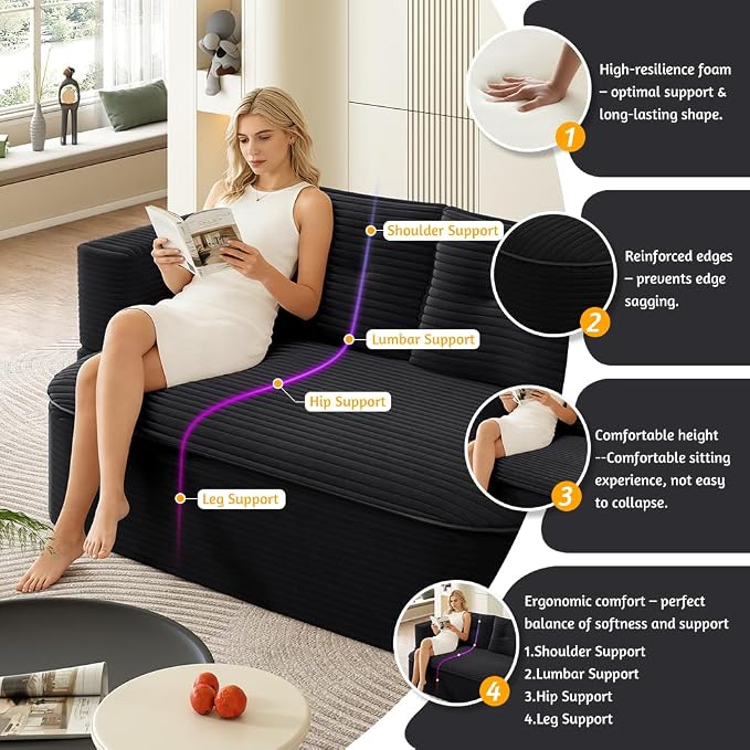 78.7" Futon Sofa Bed, 2-in-1 Foldable Sleeper Sofa, Convertible Sofa Bed with Pillows, Corduroy Couch with Multi Functional Blanket Upholstered Boneless Couches for Living Room, Jet Black
