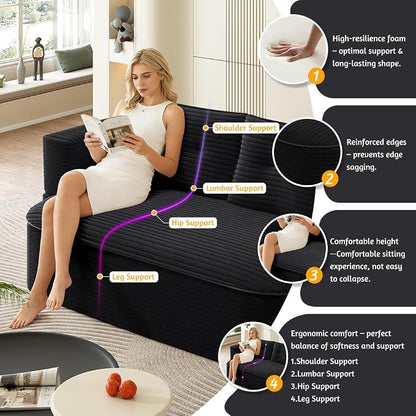 78.7" Futon Sofa Bed, 2-in-1 Foldable Sleeper Sofa, Convertible Sofa Bed with Pillows, Corduroy Couch with Multi Functional Blanket Upholstered Boneless Couches for Living Room, Jet Black