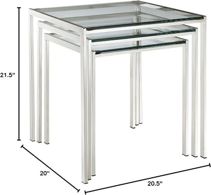 Modway Nimble Glass and Stainless Steel 3-Piece Side Nesting Table Set In Silver