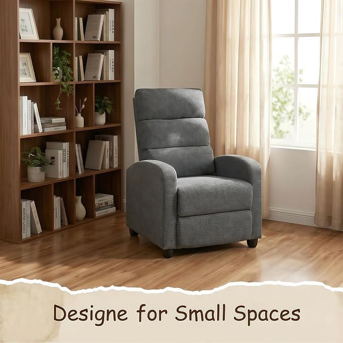 Furnimart Small Manual Recliner Chair for Compact Spaces, Overstuffed Chenille, Chunky Cushion, Comfortable Single Sofa Recliner for Adults, Ideal for Living Room, Bedroom, Home Theater, Gray