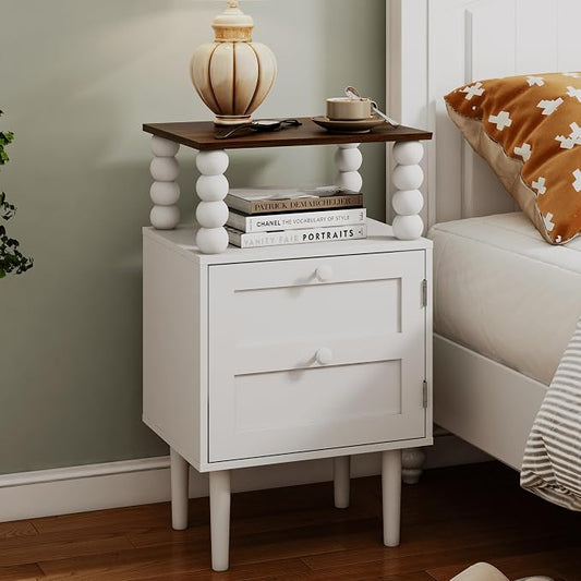 Veegle White Nightstand,Mid-Century Modern Bedside Table with Storage Drawer and Open Wood Shelf, for Bedroom and Small Spaces,Night Stand with Solid Wood Legs (White)