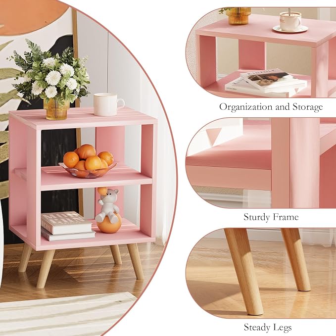 Huhote Kids Nightstand, 2-Tier Night Stand with Open Storage, Modern Side Table for Bedroom, Study Room, Small Spaces, Pink