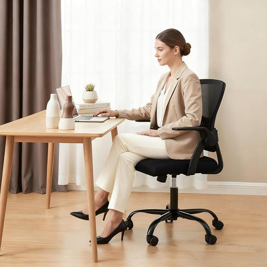 DUMOS Home Office Desk Chair - Ergonomic Computer Mesh Chair with Lumbar Support & Rocking Mode, Height Adjustable, Flip-up Armrest, for Conference, Meeting Room, 360° Swivel, Adults, Black
