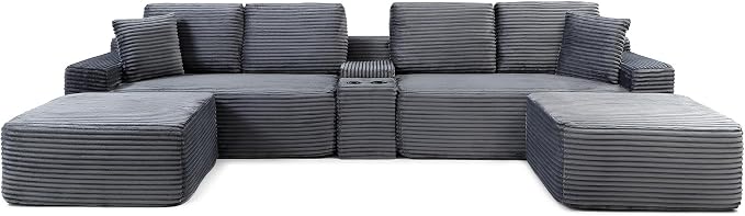 ivoros 125 Inch Modular Sectional Sofa Couch, Oversized Modern Cloud Couch for Living Room, U Shape Couches with 2 Ottomans, USB Ports and Cup Holders, Grey Corduroy Boneless Sofas, Sofa in a Box